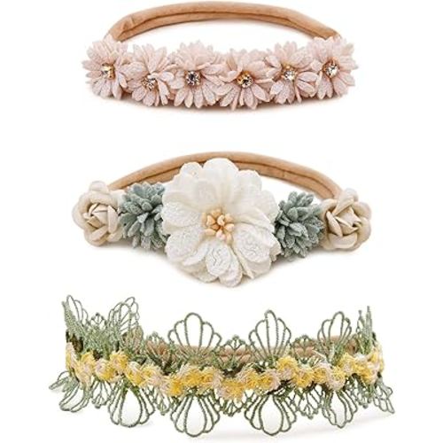 BFNAAgirl Baby Girl Floral Headband Nylon Flower Crown Elastic Hairband 3pcs Hair Accessories Gift for Girls (9571)