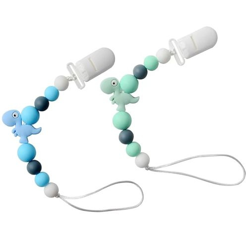 Kinktons Silicone Pacifier Clips for Boys Girls, Baby Pacifier Clip Holder with Cartoon Dinosaur Soft Flexible Paci Clips Gender Neutral Binky Clips, 100% Safe Material 2 Pack