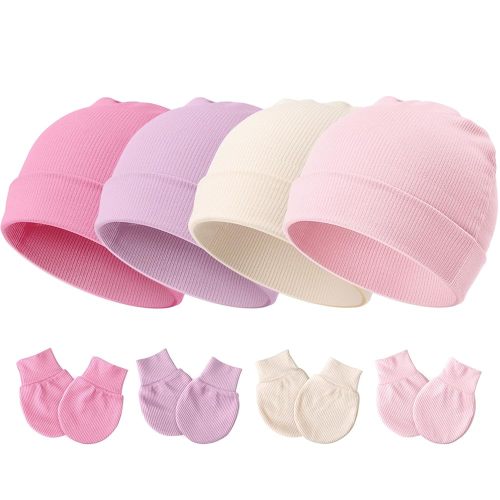 DRESHOW BQUBO Baby Newborn Hats with Scratch Mittens for Unisex Preemie Newborn Hats Hospital Hat for Boys Girls 0-6 Months