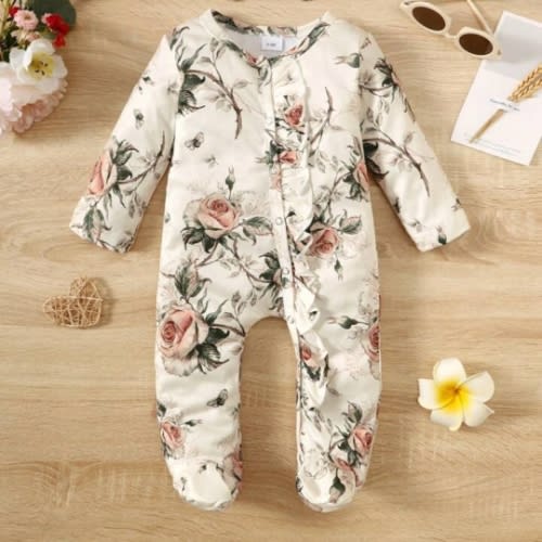 Baby Girl Floral Printed Long Sleeve Footie Jumpsuit With Snap Closures And Headband, Spring/Autumn, Size 1-12 Months | SHEIN USA