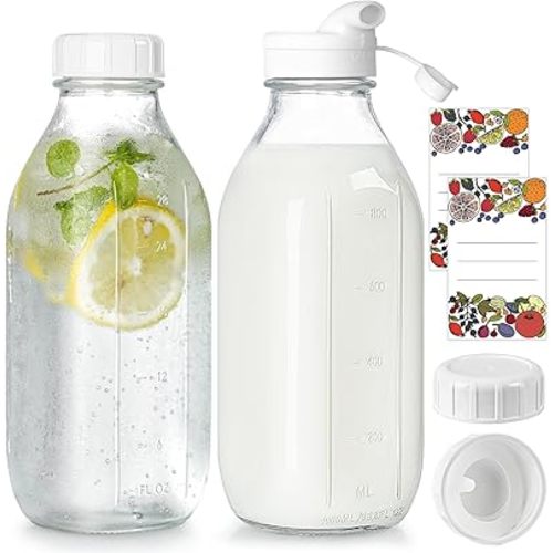 Milk Bottle with Dispenser Cap, 100% Airtight Heavy Duty Screw Lid. 2 Pack 32 Oz Reusable Glass Bottles with 3 Lids! Jug Pitcher, Buttermilk, Water, Juice Bottles w Cap, Syrup, Honey