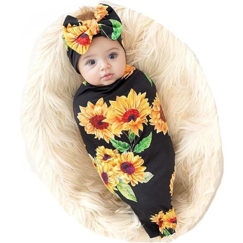 Galabloomer Newborn Sunflower Receiving Blanket Headband Set Baby Flower Rose Swaddle With Big Bow