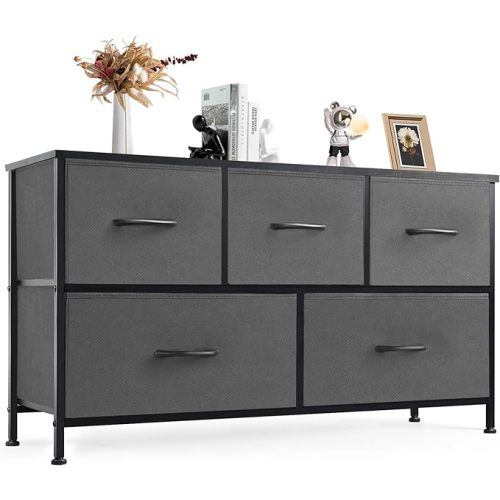 DUMOS Dresser for Bedroom, 5 Storage Drawers, Wide Fabric Closet Chests Organizer Tower Furniture with Wooden Top Metal Frame for Clothes, Guest Room, Living Room, Hallway, Entryway