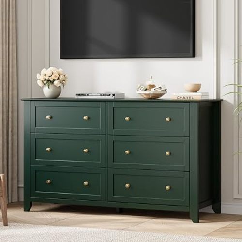 Garvee 6 Drawer Dresser for Bedroom, 54" Wide Modern Large Chest of Drawers with Metal Knobs, Wooden Clothes Storage Organizer for Closet, Nursery, Living Room, Apartment, Green