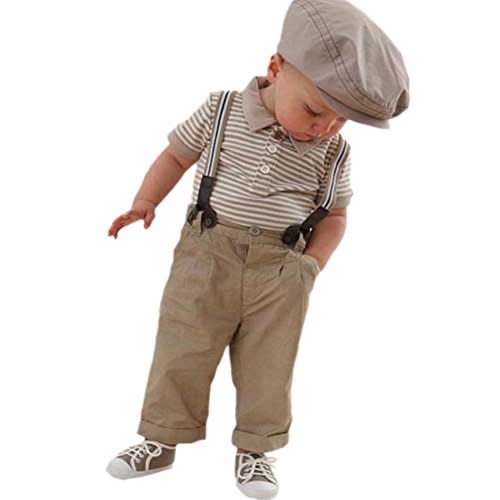 Boy Baby Striped Polo T-Shirt Top Bib + Pants Set Overalls Outfit (80 (6-18 Months)) Brown