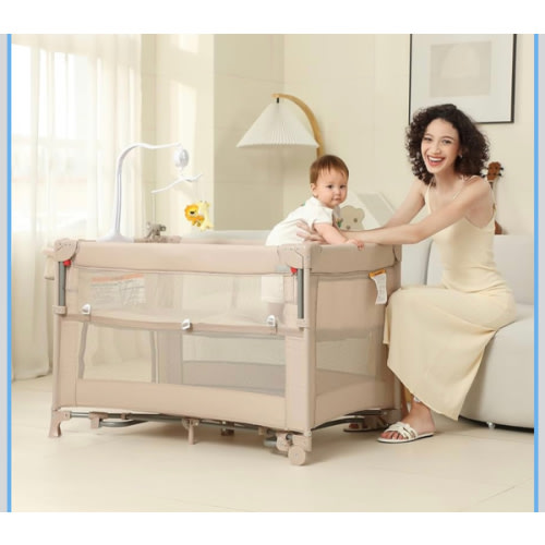 5 in 1 Pack and Play, Baby Bassinet Bedside Sleeper, Baby Playard, Bedside Crib with Changing Table, Foldable Travel Playard for Newborn to Toddles (Beige)
