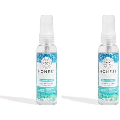 The Honest Company Plant-Based Hand Sanitizer Spray | Kills 99.9% of Germs | Hypoallergenic, Quick-drying + Moisturizing | Coastal Surf, 2 fl oz (Pack of 2)