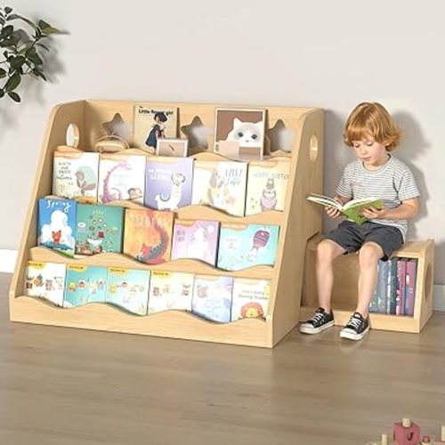 4-Tier Scalloped Kids Bookshelf, 32 x 24 in Wooden Bookcase with Book and Toy Storage for Toddlers, Montessori Bookshelf for Playroom or Nursery, Natural Wood