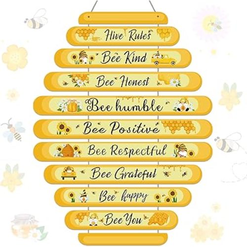 Jetec Bee Decor Sign Hive Rules Decorations Plaque Spring Wall Decor Daisy Honey Bee Sign 11.8" x 19.7" for Home Spring Daisy Sunflower Decorations for Living Room Office Kitchen(Yellow)