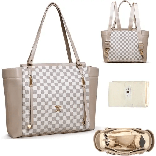 miss fong Checkered Diaper Bag Tote Leather Diaper Bag Backpack, Large Capacity Mommy Bag Hospital Bag, 12 Pockets Travel Diaper Tote with Changing Pad for Mom Plaid Tote Bag for Women-Beige&Honey