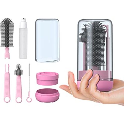 Travel Bottle Cleaner Kit with Stand, Baby Bottle Brush Set for Baby Travel Essentials, Pink