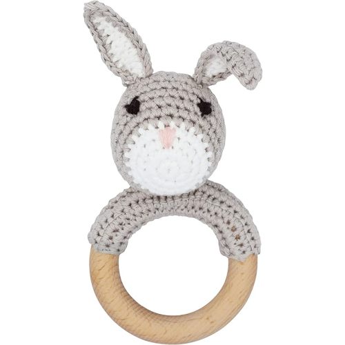 Natural Wooden Baby Rattle Soft Shaker Toy with Teething Ring for Infants Gray Bunny