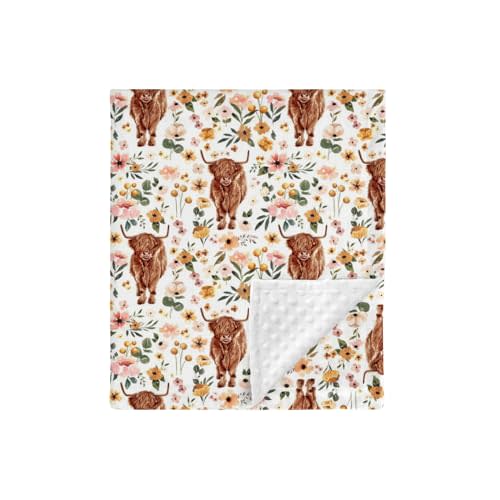 HawSkgFub Highland Cow Floral Mink Baby Blanket Dotted Backing Girl, Boho Western Farm Animal Yak Flower Double Layer Nursery Bed Blankets, Soft Plush Newborn Infant Toddler Kid Crib Bedding 30 x 40