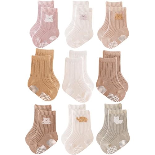 Baby Crew Socks,Grips Combed Cotton Socks Toddler Non-Skid for Girls,Boys Non Slip/Anti Skid 9-Pack