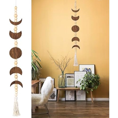 Moon Phase Wall Hanging Wood Beaded with Tassel,Phases of The Moon,Boho Home Decor for Living Room Bedroom Office(Brown)