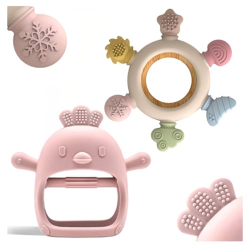 2 Pack Baby Teething Toys for 0-6 & 6-12 Months, Food Grade Silicone Teething Mitten No Drop Teether and Ring Teether, BPA Free, One-Piece, CPC Certified Baby Chew Toys for Sucking Needs