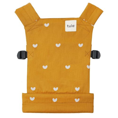 Baby Tula Mini Toy Carrier for Dolls and Stuffed Animals, Child-Sized Toy Carrier with Adjustable Straps, Soft Fabric and Easy Fit for Kids' Imaginative Play - Play (Yellow/Hearts)