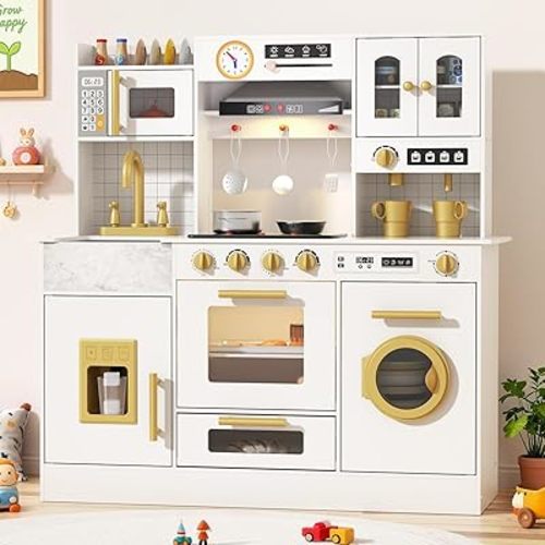 BIERUM Wooden Play Kitchen for Kids Ages 3-8 with Lights & Sounds (White)