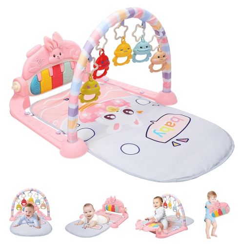 HOLYFUN Baby Gym Play Mat, Play Piano Tummy Time Mat with Activity Gym, 5 Infant Learning Sensory Baby Toys, Musical Activity Center for Early Development and Entertainment, Pink