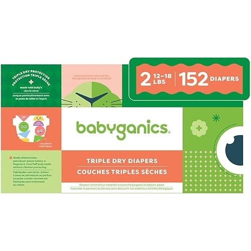 Babyganics Size 2, 152 count, Absorbent, Breathable, Triple Dry Protection Diapers