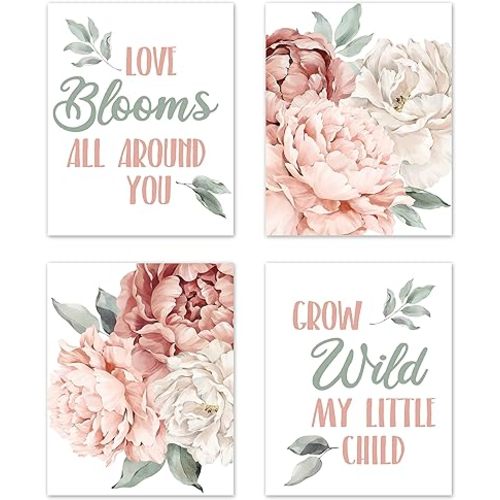 Sweet Jojo Designs Blush Pink Boho Shabby Chic Floral Girl Wall Art Prints Room Decor for Baby Nursery Kids Bohemian Off White Ivory Vintage Garden Watercolor Flower Nature Elegant Pastel Dusty Rose