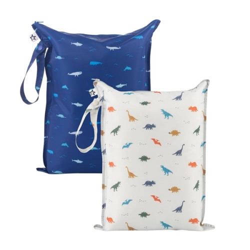 Tiny Twinkle Mess-Proof Waterproof Wet Dry Bag | 2-Pack Reusable Wet Bags for Swimsuits & Baby Clothes | Leakproof Wet Bag for Travel & Diaper Changes for Baby (Dinosaur, Ocean Life)