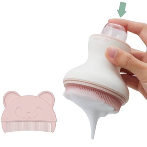 Momcozy﻿ Innovative Cradle Cap Brush with Pump, 2-in-1 Baby Cradle Cap Brush with Bubbler, Newborn Cradle Cap System, Shampoo Brush Baby Bath Essential Foamer Brush, Baby Hair Brush, Pink