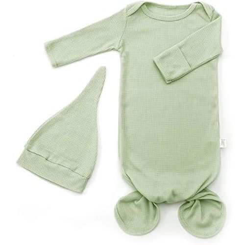 THE KENKYO 0-6 Months Newborn Knotted Gown, Waffle Knitted Baby Gowns, Infant Sleep Gown, Baby Boy Girl Coming Home Outfit