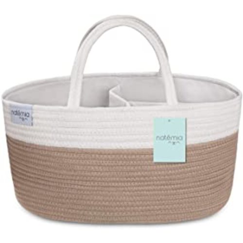 Natemia Rope Diaper Caddy Organizer│Large Portable Nursery Storage Bin and Car Travel Organizer│Tote Bag with Dividers for Diapers & Wipes