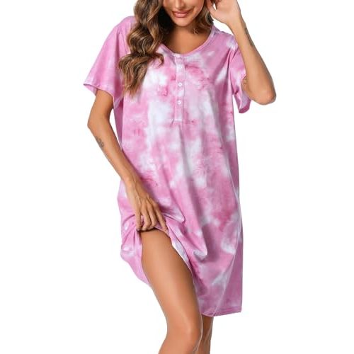 ENJOYNIGHT Womens Short Sleeve Nightgown Tie Dye Nightshirt Nursing Sleepshirts Breastfeeding Sleep Dress