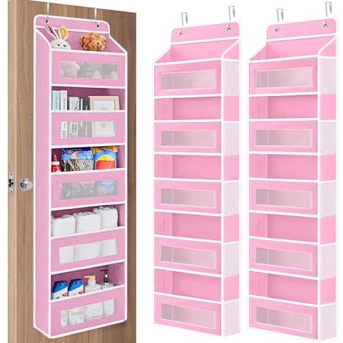 JARLINK 2 Pack Over The Door Organizer Storage, 5 Shelf Hanging Door Organizer with 5 Large Capacity Pockets, Anti Tilt 44 lb Load Behind Door Storage for Bedroom, Bathroom, Pantry, Nursery, (Pink)