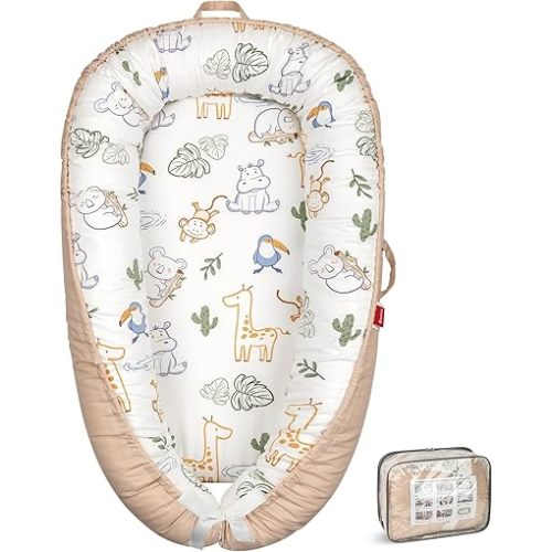 Baby Lounger - Baby Lounger for Newborn 0-24 Months, Breathable & Soft Baby Nest, Portable and Lightweight Lounger for Home and Travel, Ideal Newborn Babies Essentials (Beige-Hippo)