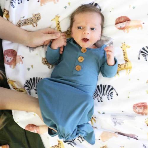 Solid Dusty Blue Bamboo Baby Knot Gown & Hat