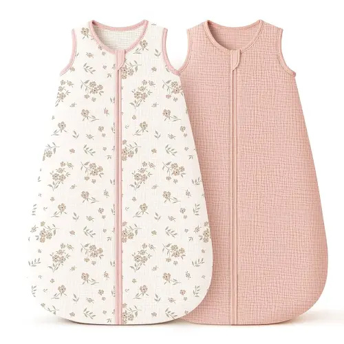 Konssy Muslin Baby Sleep Sack 6-12 Months 0.7 TOG, 2 Pack 100% Cotton Wearable Blanket for Babies, 2-Way Zipper Breathable Sleeping Sack Infant Toddler Essentials for Girls and Boys (Blossom, Pink)