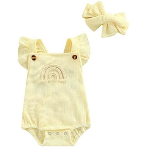 Hnyenmcko Newborn Baby Boy Girls Clothes Infant Rainbow Romper Waffle Ruffled Sleeveless Backless Bodysuit Jumpsuit Outfit