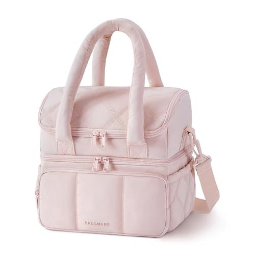 BAGSMART Lunch Bag Women, Double Deck Insulated Lunch Box, Quilted Puffer Lunch Tote, Leakproof, Durable & Reusable Large Lunch Cooler For Work Picnic Travel Meal Prep, Pink