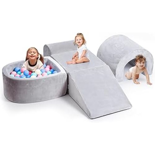 Foam Climbing Blocks for Toddlers, 5-Piece Tunnel Climber and Crawl Playset, Indoor Activity Play with Large Ball Pit, Machine Washable Velvet Cover, Soft Climbing Toy for Kids (Gray)