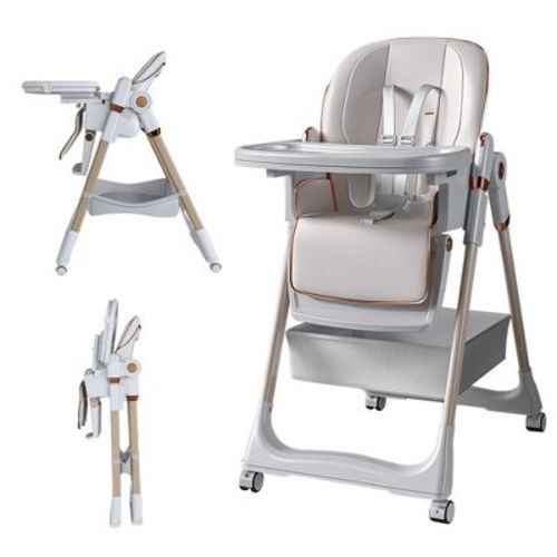 Angel Sar Adjustable Baby High Chair 0-6 Years, Portable Infant Feeding Seat with Safety Belt & Wheels for Home Use, White