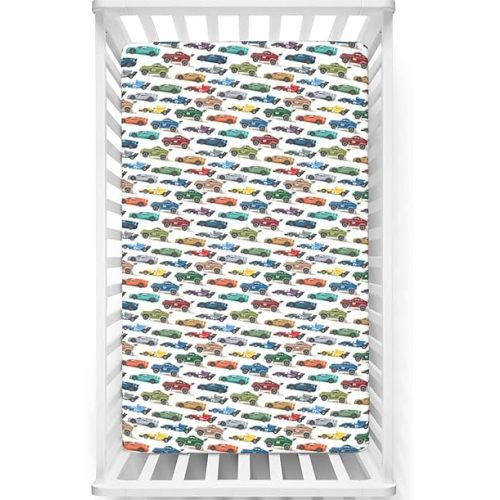Race Car Themed Fitted Mini Crib Sheets,Portable Mini Crib Sheets Ultra Soft Material-Baby Crib Sheets for Girl or Boy,24“ x38“,Multicolor
