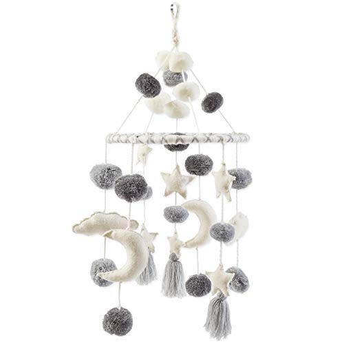 Mud Pie Pom Pom Stars and Clouds Celestial Crib Mobile - White and Grey, White/Grey