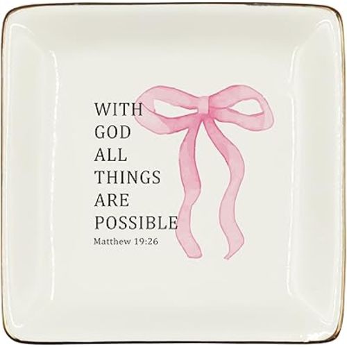 WODMIS Christian Coquette Pink Bow Ceramic Jewelry Tray Dish, Preppy Bible Verse Jewelry Plate Ring Trinket Dish, Trendy Aesthetic Ribbon Gifts for Women Bestie Best Friends 488