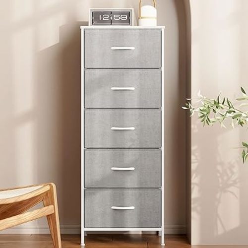 AODK Dresser for Bedroom with 5 Storage Drawers, 48" Tall Chest of Drawers Fabric Dressers with Sturdy Steel Frame, Light Grey