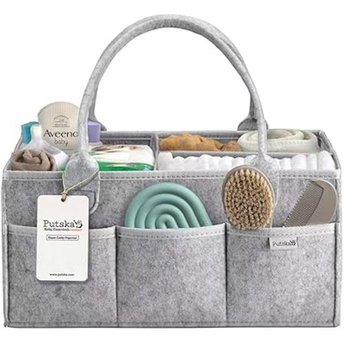 PUTSKA Nursery Storage Basket - Baby Diaper Caddy Organizer for Diaper Station, Newborn Essentials, Baby Shower Gifts and Registry Must-Haves for Boy or Girl