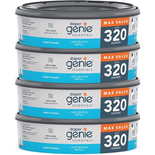 Diaper Genie Essentials Round Refill Pack of 4 | Holds Up to 1280 Newborn Diapers | Features Unscented Continuous Film | Compatible with Diaper Genie Complete and Expressions Pails