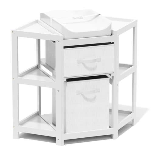 Glaf Corner Changing Table, Baby Diaper Changing Station with Storage Drawer Laundry Hamper Multifunctional Portable Diaper Station with Changing Pad for Newborn Infant (White)