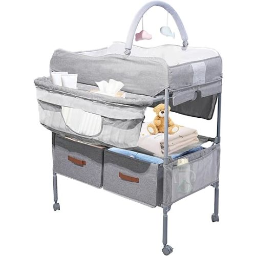 Baby Changing Table,Versatile Folding Changing Table,Waterproof/Foldable/Height Adjustable/Movable/with Silent Wheels/2 Drawers Diaper Changing Station,Mobile Nursery Organizer for Newborn Essentials