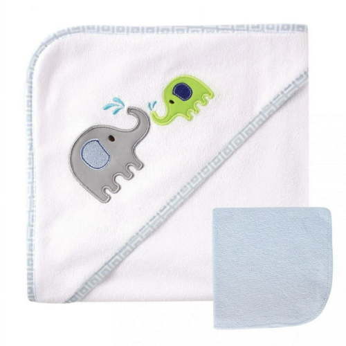 Luvable Friends Baby Boy Hooded Towel and Washcloth, Blue Elephant, One Size