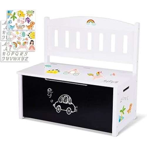 TOOKYLAND Wooden Toy Storage Box - Lift Top Chest and Seating Bench with Lid, Safety Hinge, Blackboard and Stickers, Toy Organizer for Kids 3 Year Old +