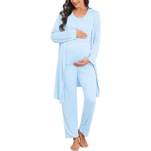 SWOMOG Maternity Nursing Robe Set 3 PCS Postpartum Breastfeeding Pajamas Lounge Hospital Pregnancy Pjs with Robe
