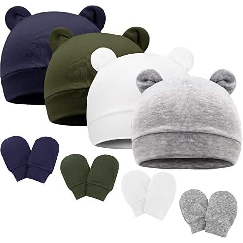 BQUBO Newborn Baby Bear Ears Hats and Mittens Sets Preemie Cotton Caps Baby Boy Girl Infant Hospital Beanie